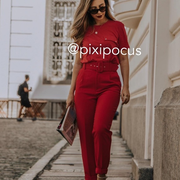 NWT ZARA BELTED HIGH WAISTED PANTS RED - Picture 8 of 16